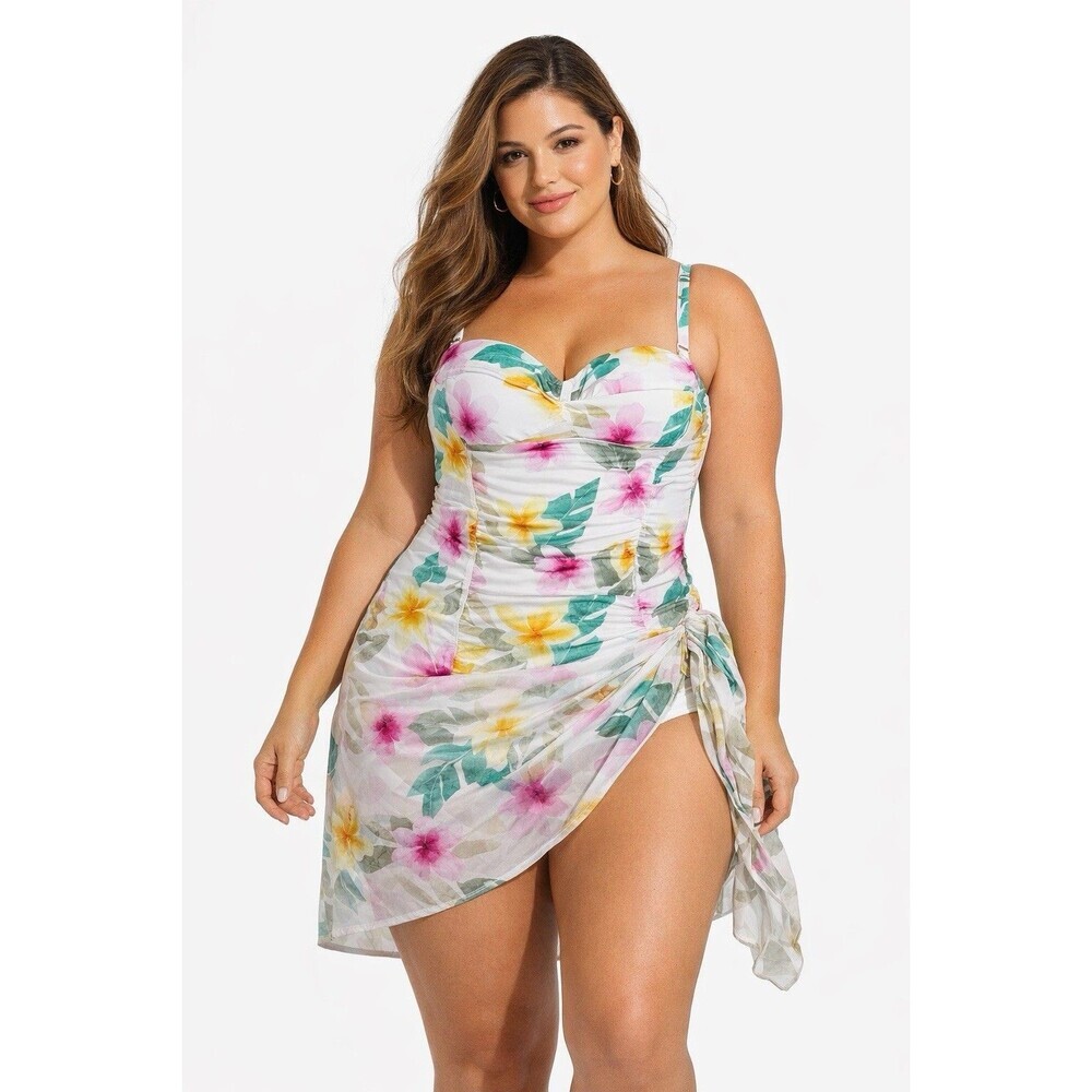 Nicole Miller Studio Floral One Piece Swimsuit + Sarong Cover Up Set 1X NWT